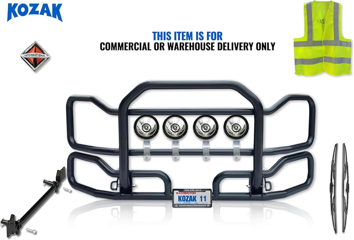 Black Front Grille Deer Moose Brush Bumper Guard Large Compatible with INTERNATIONAL PROSTAR (plastic bumper) 2008+ Plus Bracket, Logo, 4X 6” LED Lights, Wipers, License Plate Holder and Frame, Vest