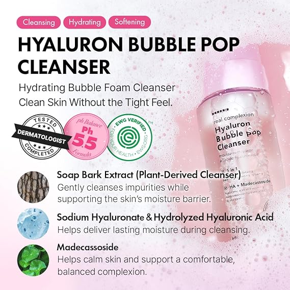Hanskin Hyaluron Bubble Pop Cleanser Korean Hydrating Foaming Face Wash with Hyaluronic Acid for Gentle Deep Cleansing, Softening Glow, pH-Balanced Daily Cleanser for Glass Skin | 5.07 fl oz
