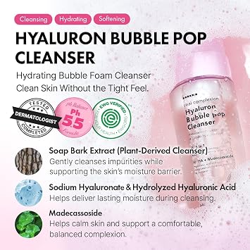 Hanskin Hyaluron Bubble Pop Cleanser Korean Hydrating Foaming Face Wash with Hyaluronic Acid for Gentle Deep Cleansing, Softening Glow, pH-Balanced Daily Cleanser for Glass Skin | 5.07 fl oz