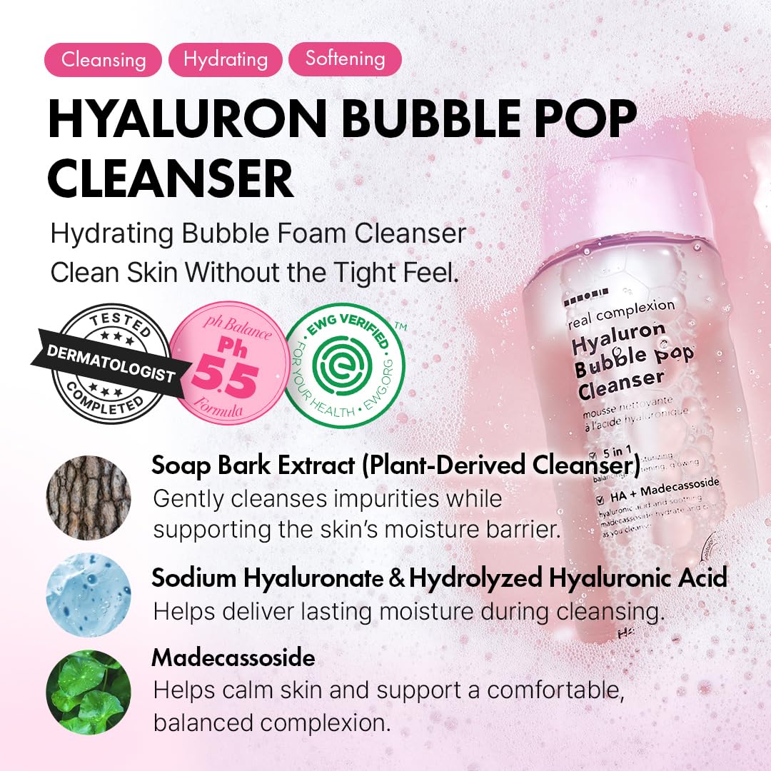 Hanskin Hyaluron Bubble Pop Cleanser z prawdziwą cerą, nawilżający, piankowy codzienny płyn do mycia twarzy, delikatne nawilżanie, zmiękczanie i rozjaśnienie, 150 ml