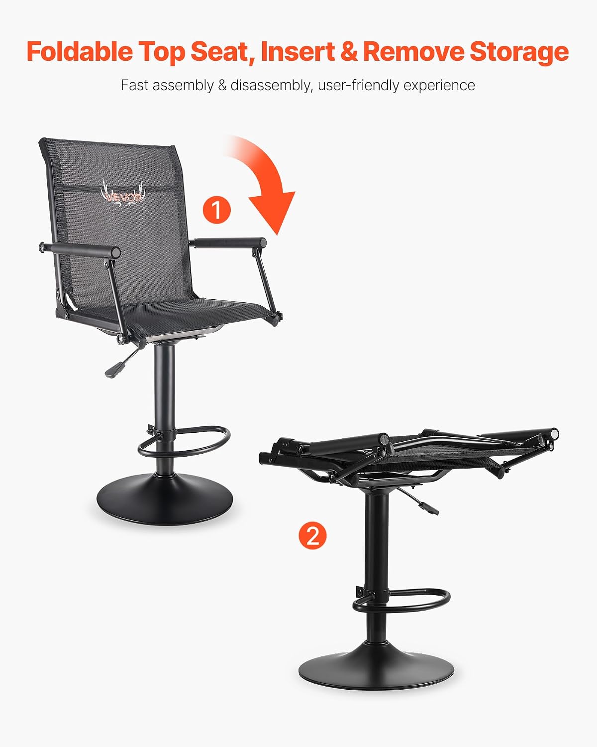 VEVOR Hunting Chair, 360° Silent Swivel, Lightweight Blind Chair, Heavy-Duty Steel Frame Ground Stool Seat, with Padded Armrests, Height Adjustable, 300 Lbs Capacity, for Outdoor Fishing, Camping