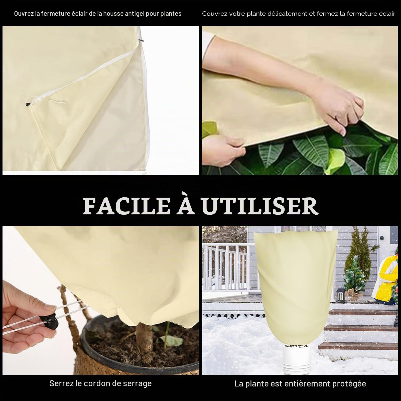 Lot de 2 protections hivernales pour plantes d'extérieur, 200 x 240 cm, protection hivernale pour plantes en pot, avec fermeture éclair et cordon de serrage, protection hivernale pour arbre, palmier