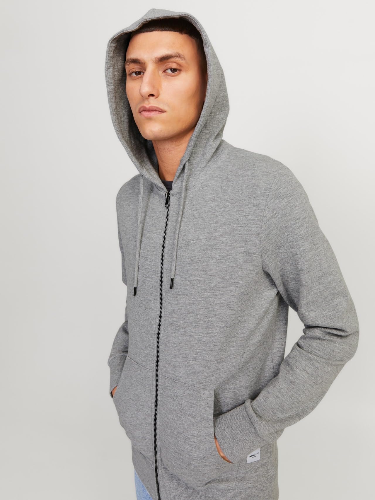 Jack & Jones Felpa da Uomo, con Cappuccio e Cerniera, in Stile Basic, Grigio Melange, XS