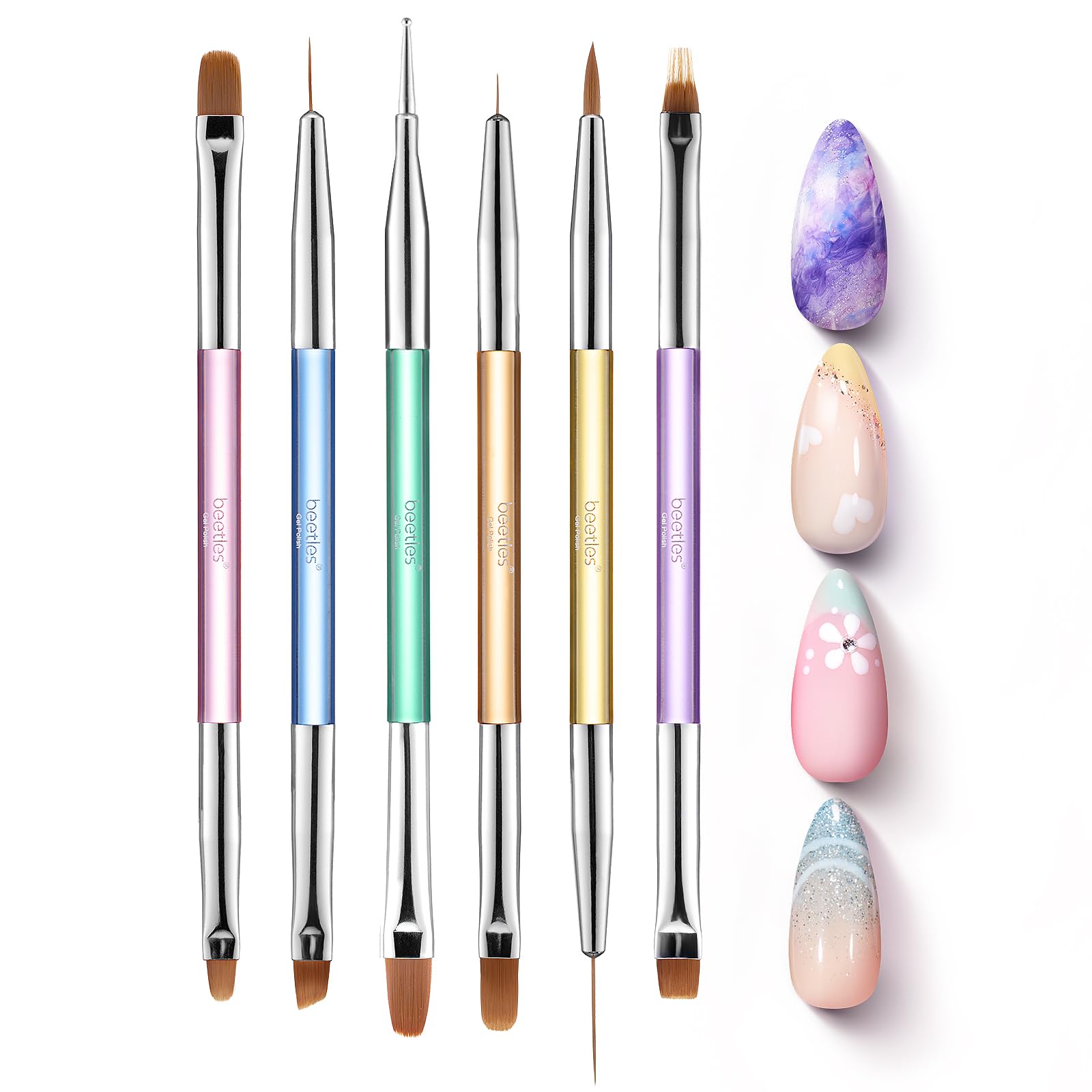Beetles 6 Pcs Gel Nail Art Brush Set - Gel Polish Design Pen Painting Tools with Flat, Oval, French, Gradient, Liner Brushes and Nail Dotting Pen - Salon DIY at Home Manicure