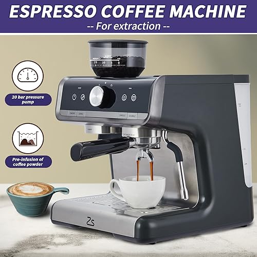 Miniatura 4 de Máquina de café expreso de 20 barras con molinillo, cafetera espresso semiautomática con espumador de leche para barista casero, cafetera