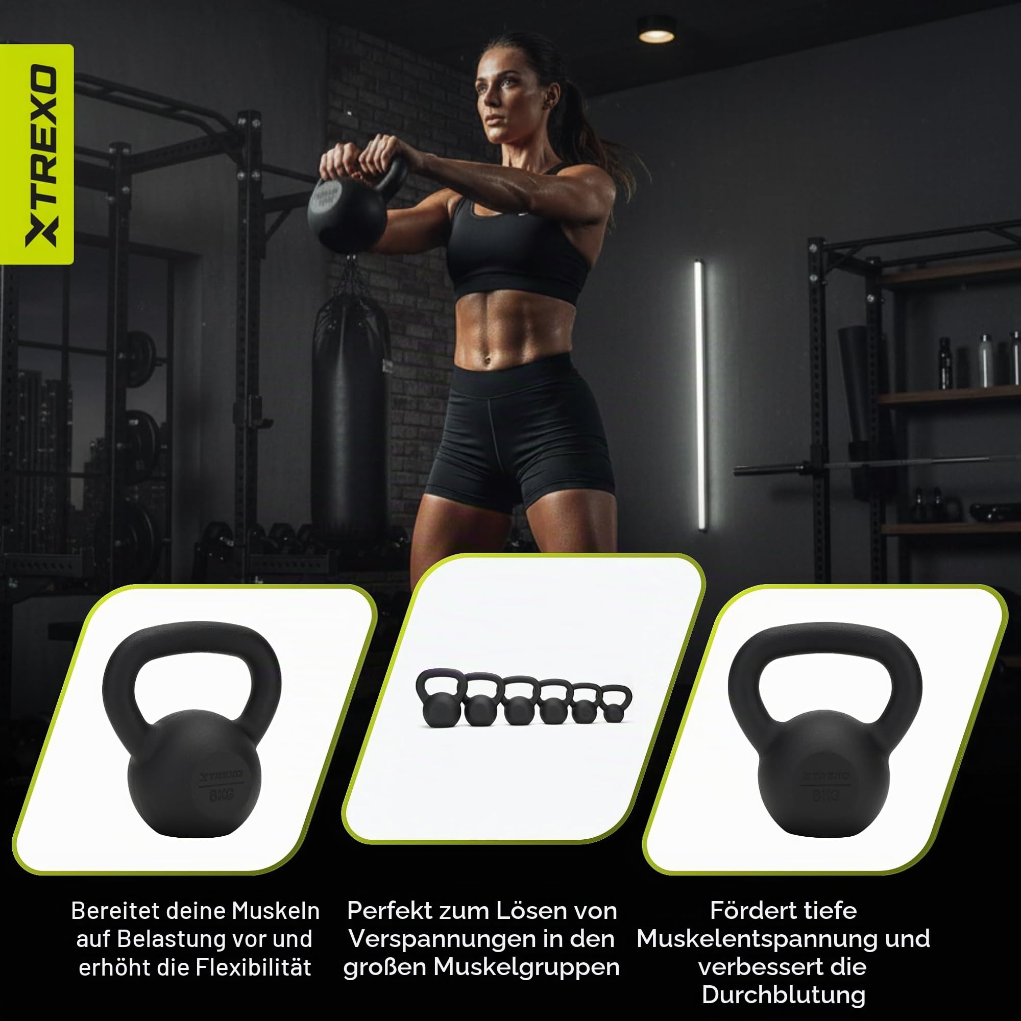 XTREXO Kettlebell Gusseisen, Kugelhantel Guss mit Flachem Boden, Pulverbeschichteter Griff, Schwunghantel für Krafttraining CrossFit Home Gym (8 kg)