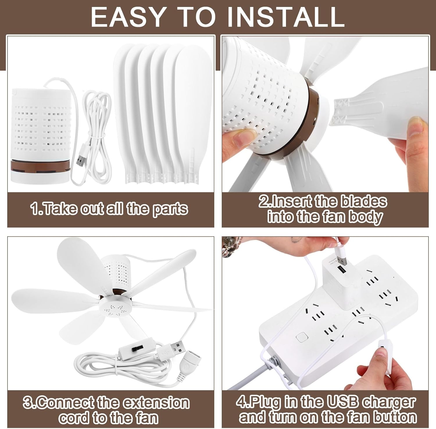 2 Set Small Portable USB Powered Ceiling Fan Mini Silent Six Blades Quiet Camping Hanging Fan with Speed Switch, USB for Camping Bedroom Office Living Room Tent Canopy(3.2m)