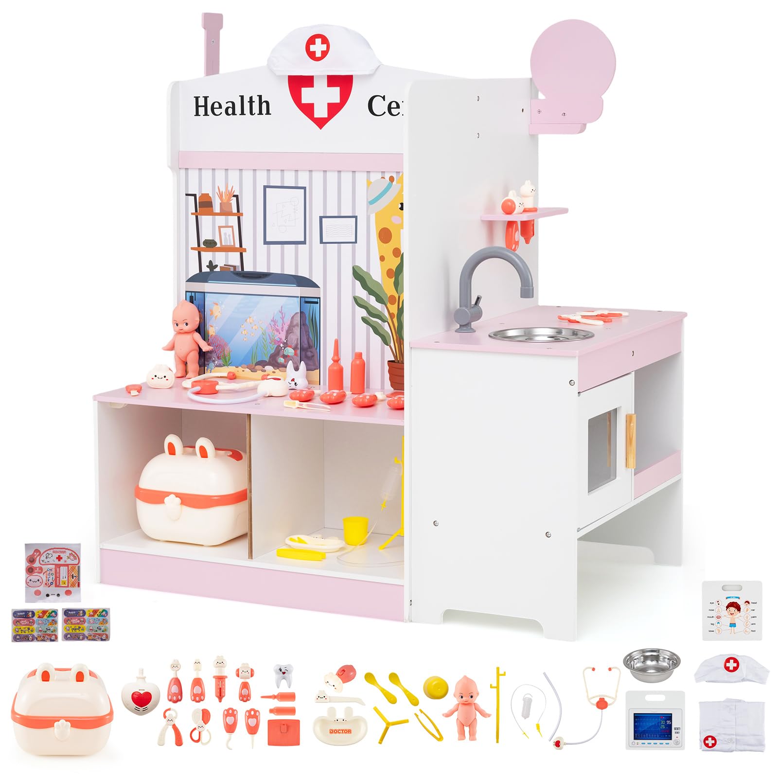 COSTWAY Kids Doctor Play Set, Wooden Checkup Medical Station with Faucet, Sink, ECG Monitor, Body Parts Diagram, Clock & 27 Accessories, Toddler Pretend Hospital Playset for Boys Girls (Pink + White)