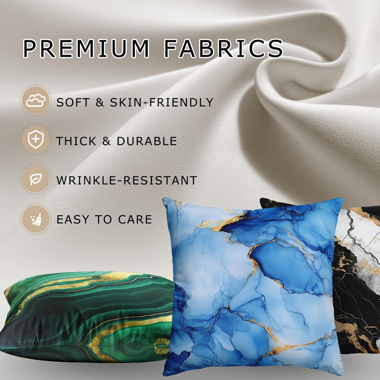 Marble Throw Pillow Covers 18x18 - Blue Gold Abstract Modern Pillow Cases Set of 2 Double Sided Print, Soft Sofa Pillowcases for Living Room Decor #M095
