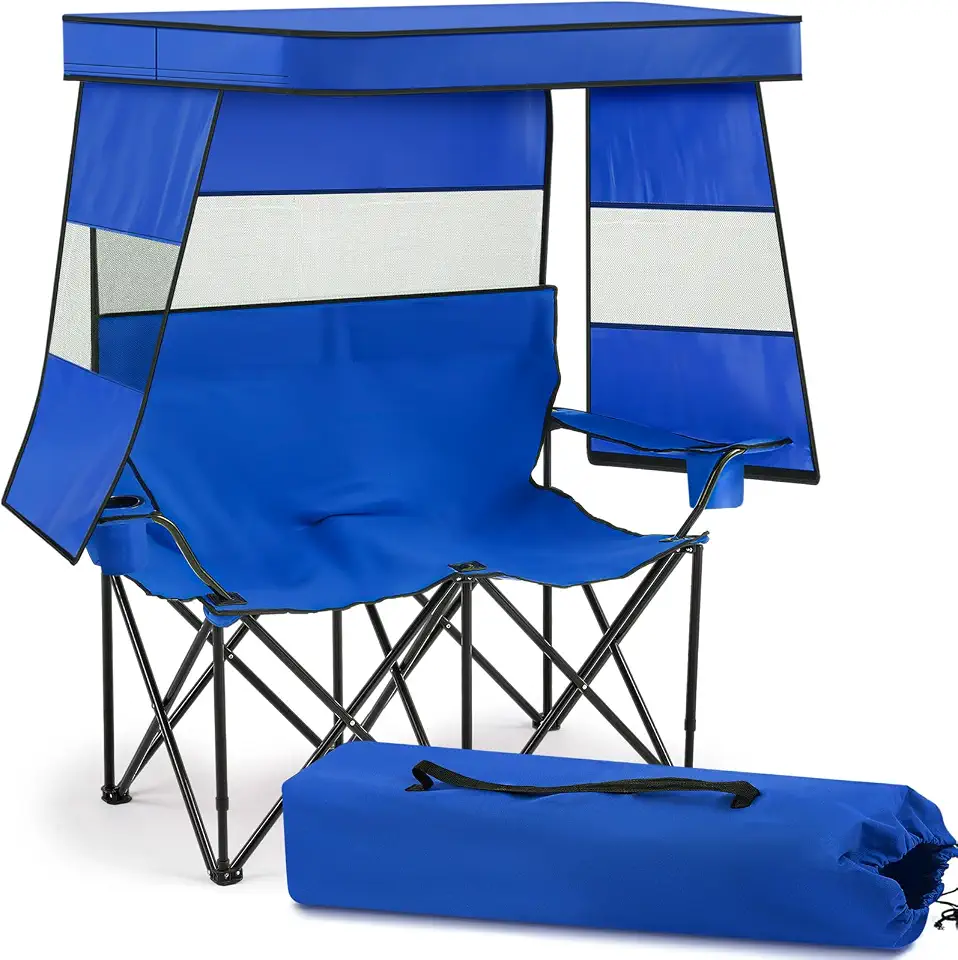Juexica Cadeira de acampamento dupla com toldo de sombra, cadeira de praia para 2 pessoas com suporte de copo, bolsa de transporte, sofá dobrável, cadeiras de acampamento extra largas para gramado ao