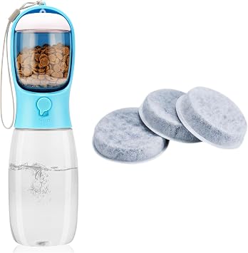 Dog Water Bottle + Filter, 550ml, Blue, Silicone, Gravity-Fed, Small Dog, Walking, Hiking Accessories