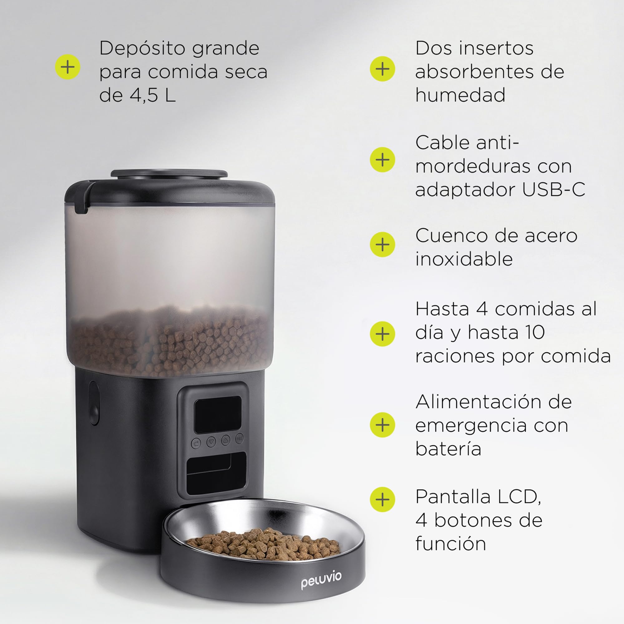 Crispy Comedero Automático para Perro, Dispensador de Comida Programable con Temporizador, sin App Fácil, LCD, USB-C con Pilas de Respaldo, Cuenco Acero Inoxidable, 4,5 L, 2 Deshumidificadores