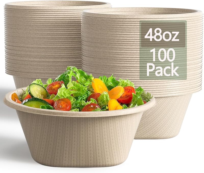 48 Oz Natural Disposable Paper Bowls [100 Pack] - Heavy Duty, Eco-Friendly Compostable Salad Bowls for Organic Food, Farm to Table, Salad, BPA-Free, Microwave Safe (Unbleached)