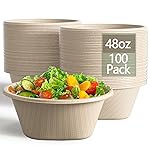 Homestockplus 48 Oz Natural Disposable Paper Bowls [100 Pack] - Heavy Duty, Eco-Friendly Compostable Salad Bowls for Organic Food, Farm to Table, Salad, BPA-Free, Microwave Safe (Unbleached)