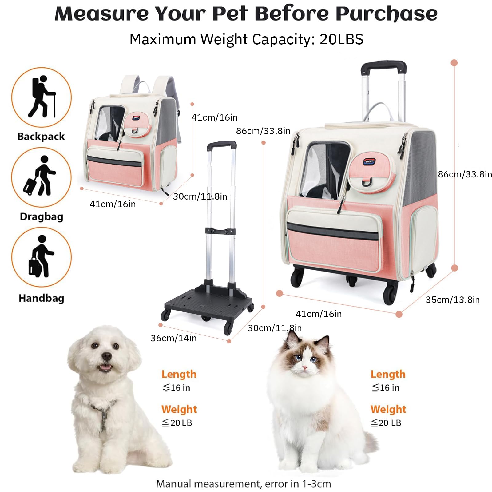 Transportin Gato con Ruedas Y Varilla Telescópica, Mochila Perro Transpirable Y Impermeable, Transportin Perro con Arnés Interno, Mochila Gato Carga Máxima 8Kg Maleta Trolley,Verde