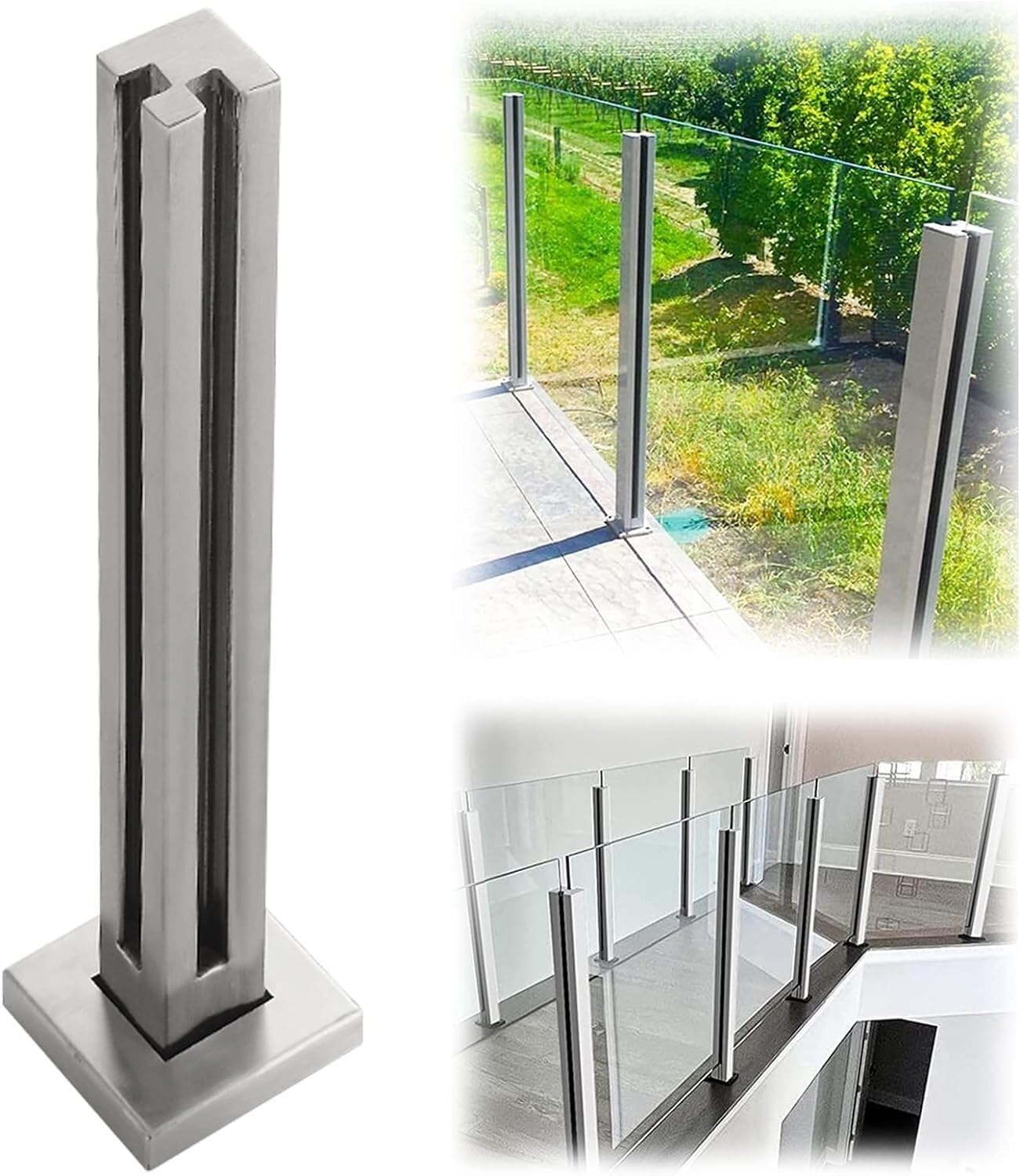 Poste de barandilla de vidrio cuadrado de acero inoxidable para exterior e interior 8