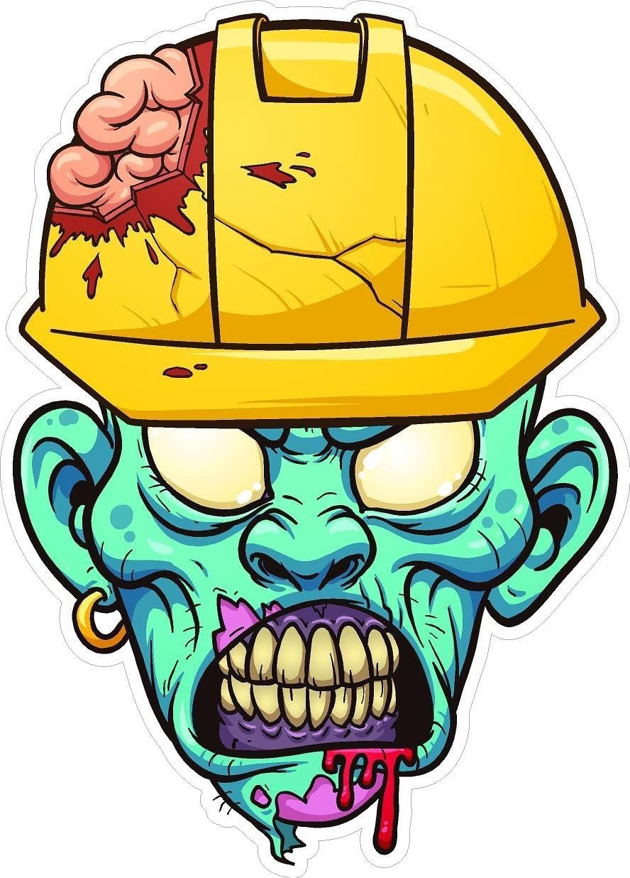 Blue Zombie Head with Hardhat - (3 Pack) - Full Color Printed - (Size: 2") - Hard Hat, Helmet, Windows, Walls, Bumpers, Laptop, Lockers, etc.