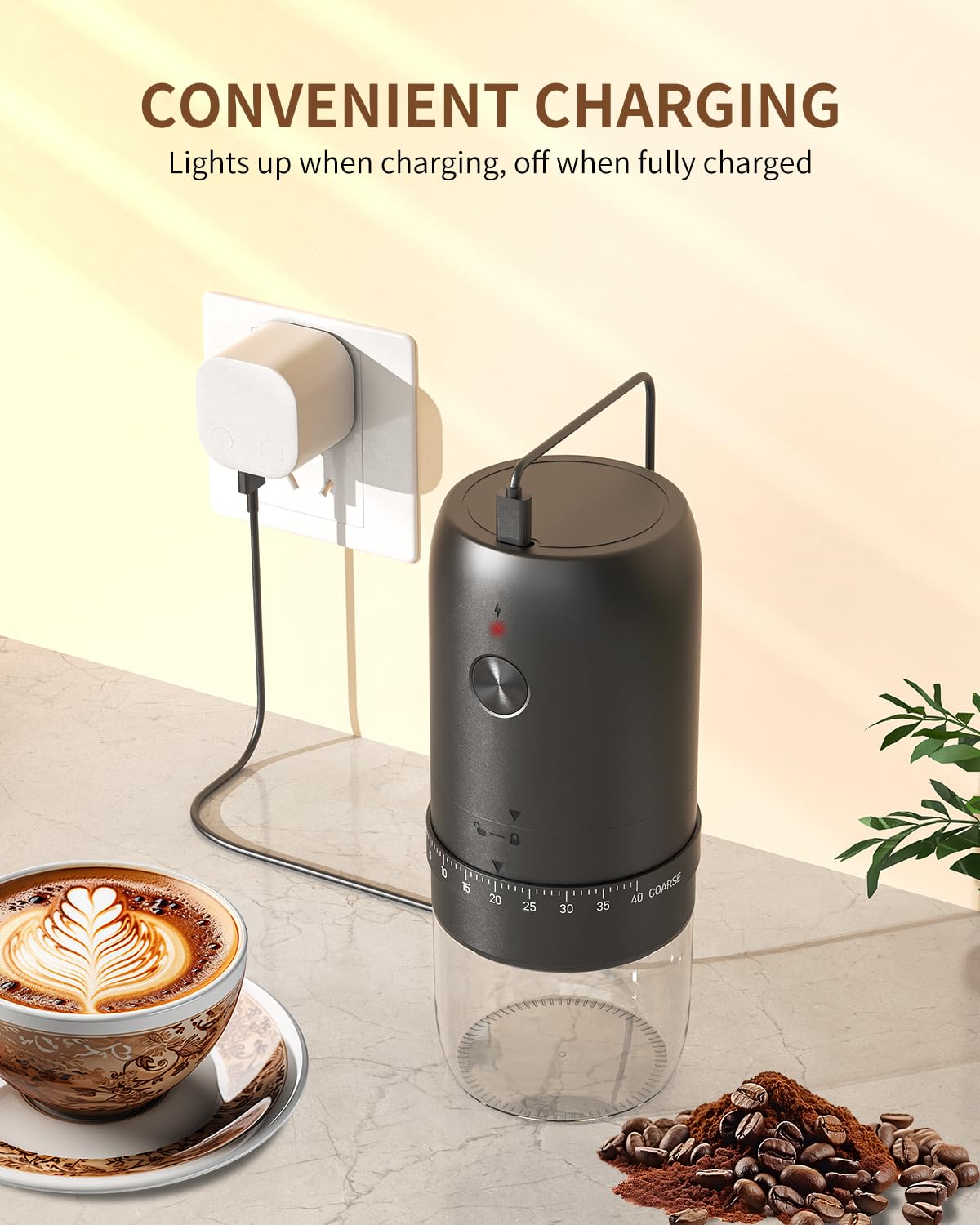 CIRCLE JOY Macinacaffè elettrico a cono, ricaricabile a bassa velocità e nucleo in ceramica resistente al calore, regolazione esterna della grana grossa, filtro caffè e 50 filtri di carta