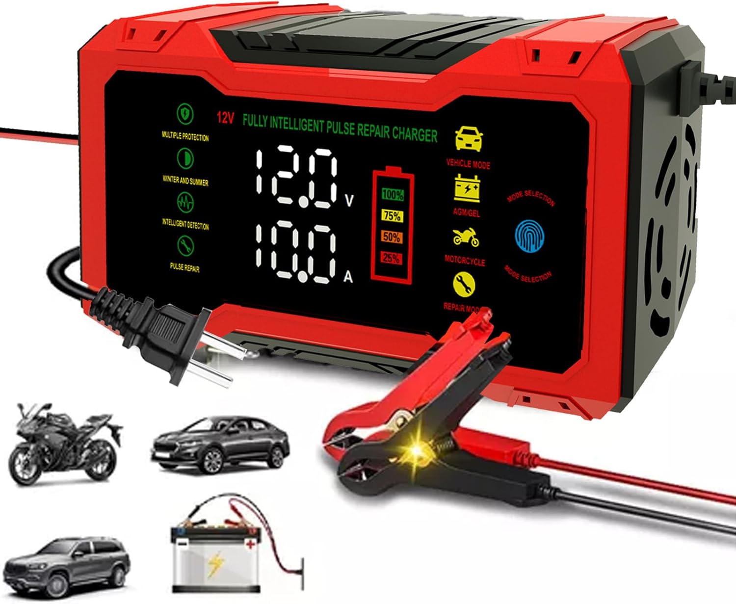 Cargador De Baterías Coche 12V 10A Inteligente - Pantalla LCD Táctil, Múltiples Protecciones, Para Auto, Moto, AGM, GEL