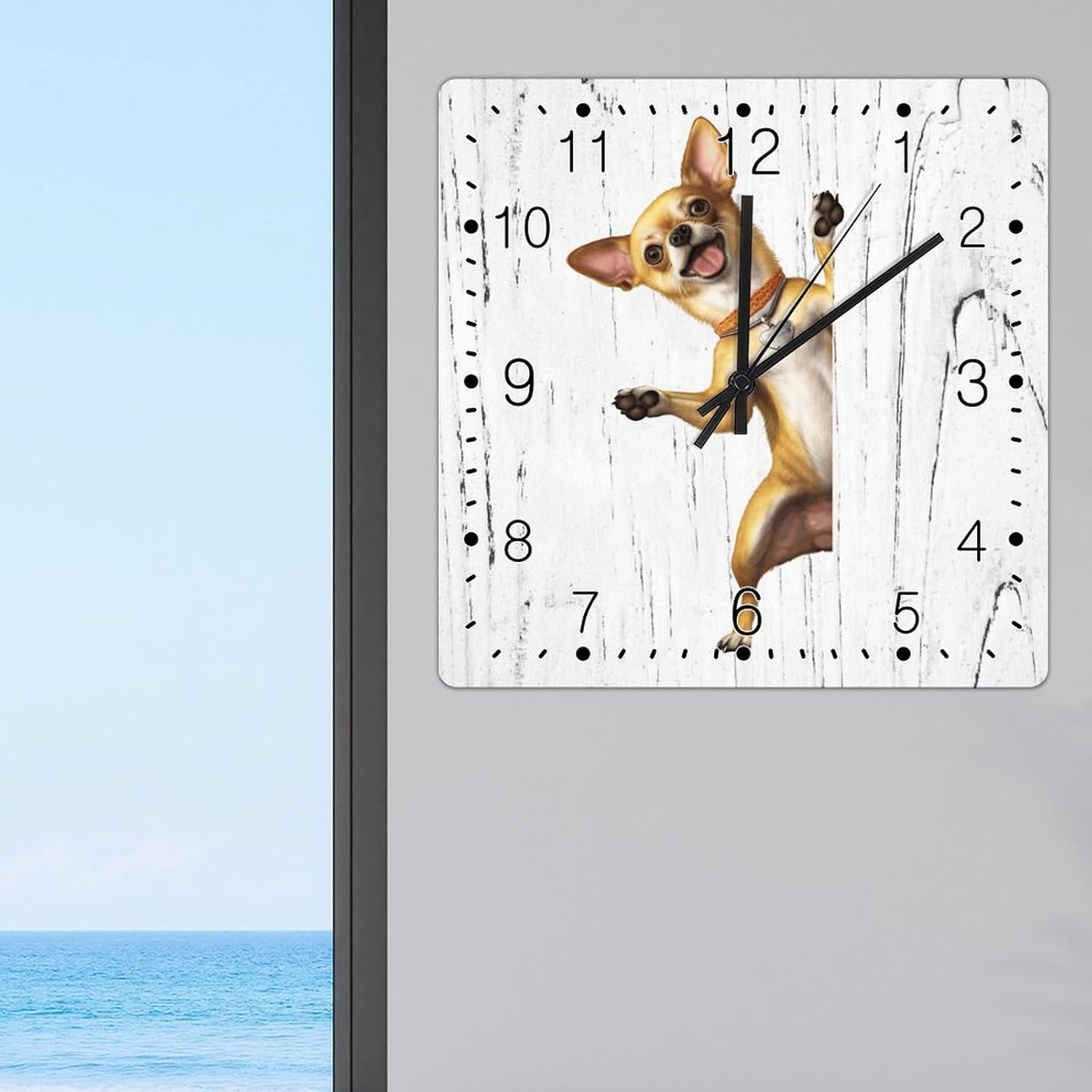 Chihuahua Decorative Wall Clock Chihuahua Dog Peeking ASquare Corner Wall Clocks Battery Operated Silent Clocks for Wall Gift for Dog Mom Wooden Clock for Kitchen Bedroom Office 15x15in