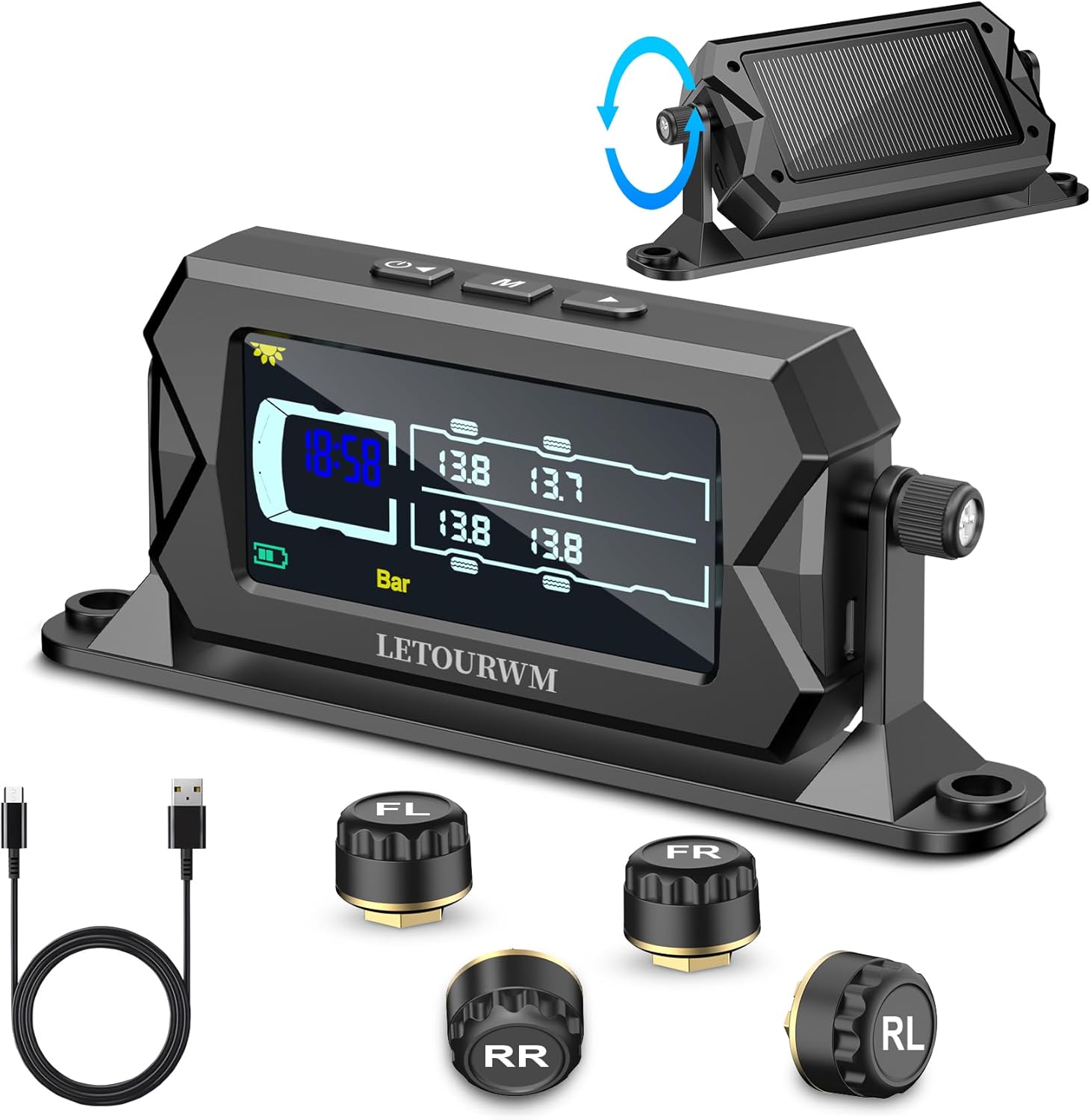 Tire Pressure Monitoring System for RV Truck Trailer, 4 Sensors TPMS, 0-15 Bar/217 PSI, 3-Level Bright LCD with Time Display, Type-C & Solar Charging, 7 Smart Alerts for RV/Trailer/Truck IP68
