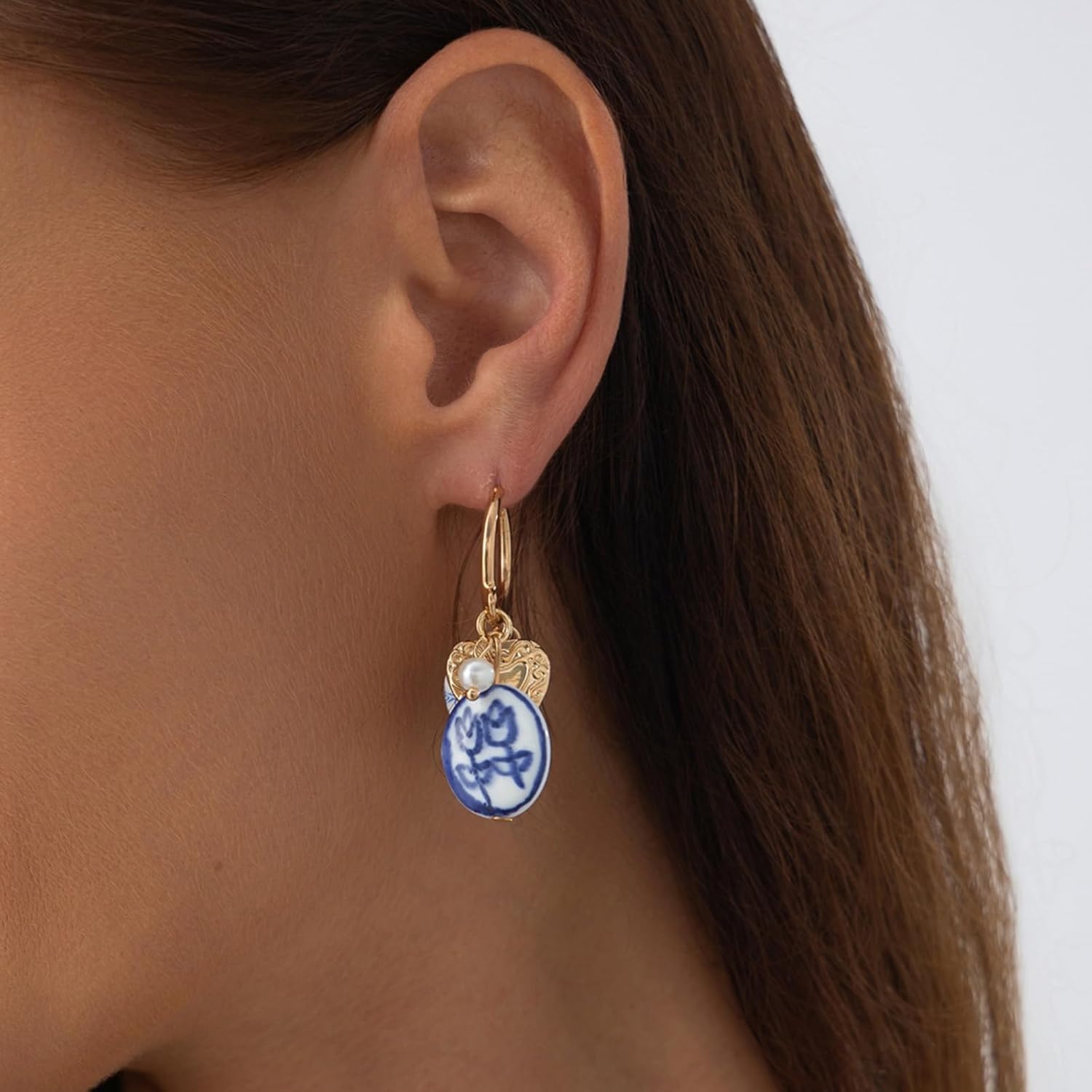 Porcelain Enamel Earrings Gold Heart Hoop Tulip Design Blue and White Earrings Trendy Jewelry Gift - Image 3