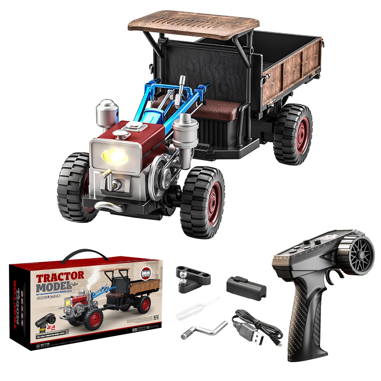 Ferngesteuertes Auto, 2,4GHz RC Traktor mit Allradantrieb, simuliertem Sound, Sprühnebeleffekt und langlebigem Doppelakku, RC Auto Geschenke (Blau)