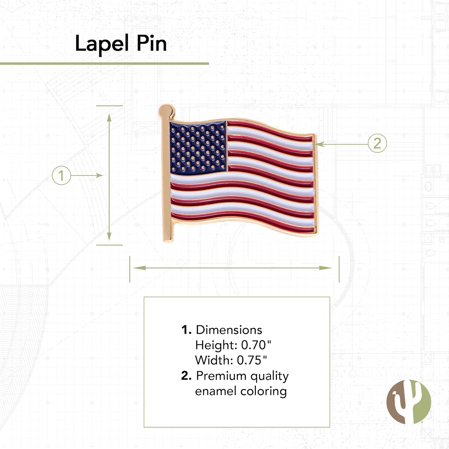 Desert Cactus USA Flag Lapel Pin United State of America Made of Metal for Formal Wear, Bag and Hat Jewelry, and Tie Tack (Waving Flag Lapel Pin Gold)