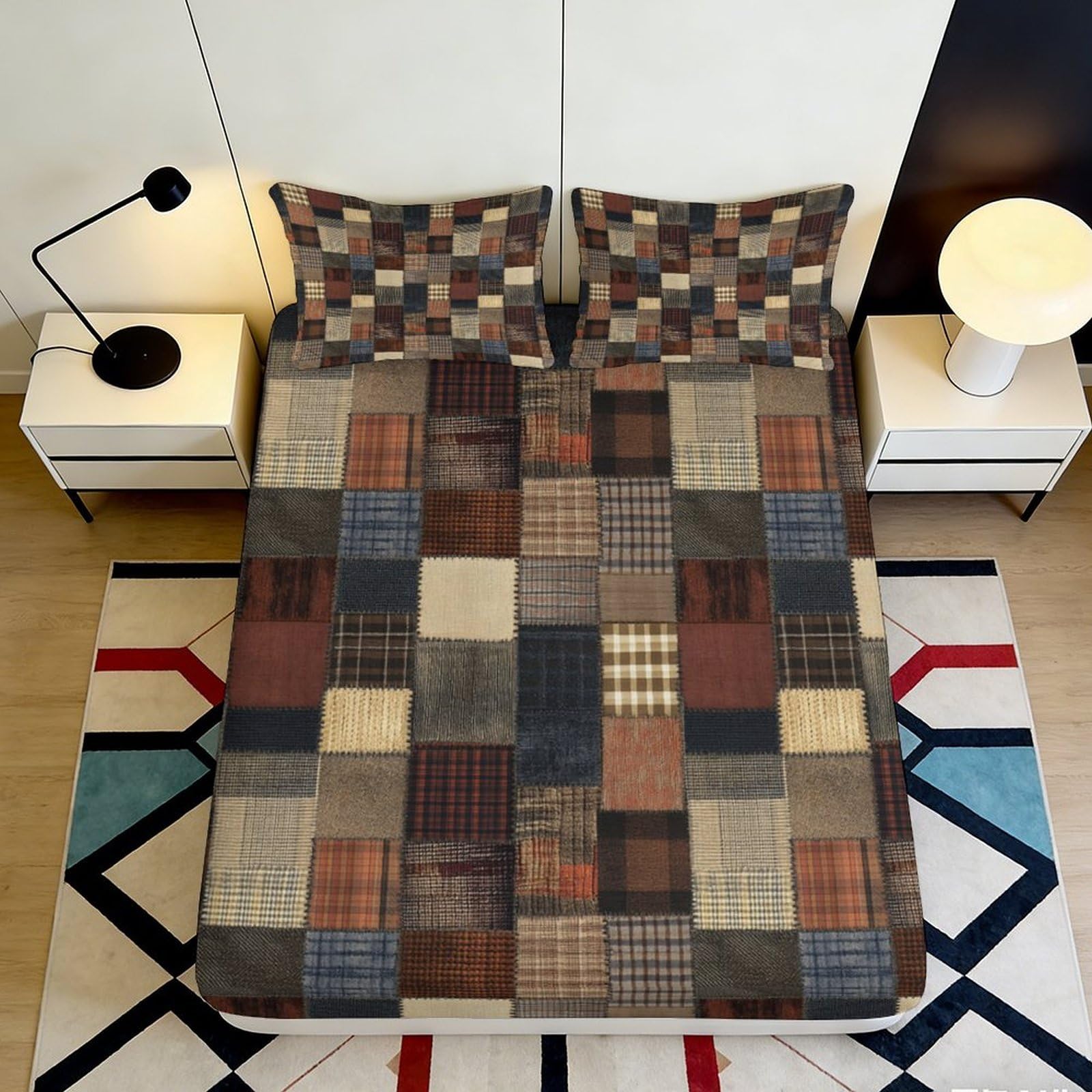 3D Printed Patchwork Plaid Fitted Sheet Microfiber Soft Breathable Rustic Check Bed Cover for Bedroom Dorm Mattress Protection Decor 200x200x25cm