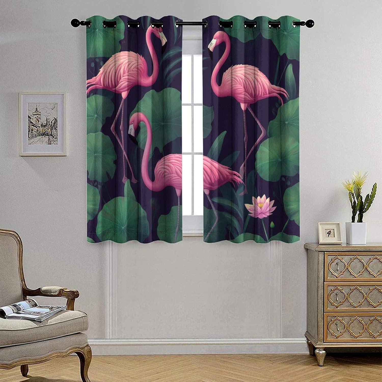 Flamingo Lotus Floral Curtains for Bedroom, Abstract Leaf Lake Fantasy Grommet Blackout Curtains Thermal Insulated Window Drapes for Living Room, 42W x 63L, 2 Panels
