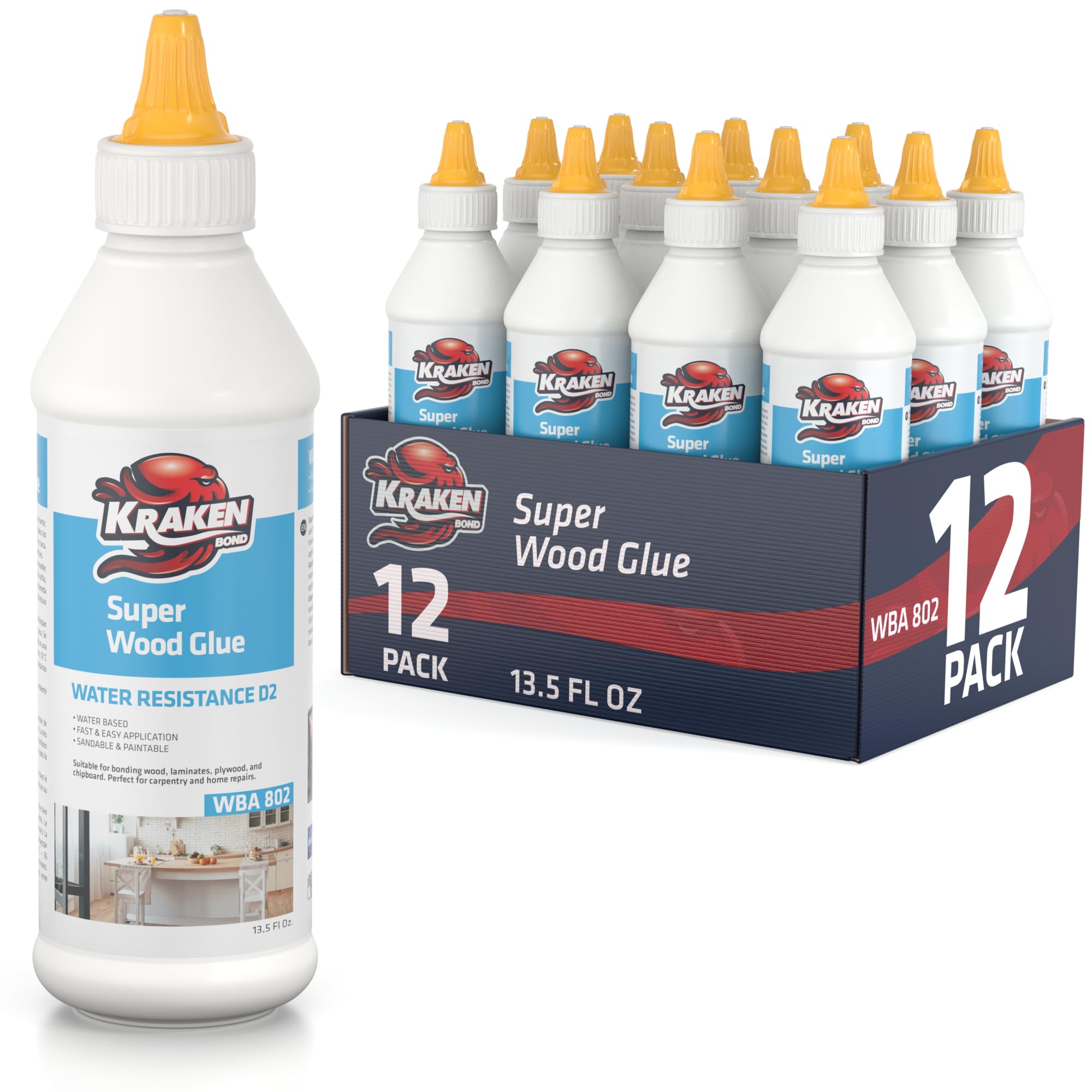 Kraken Bond D2 White Super Wood Glue - (12x13.5 fl.oz) PVA Heavy Duty Wood Glue for Repair, Woodworking, Furniture Assembly & Creative Crafts - Clear