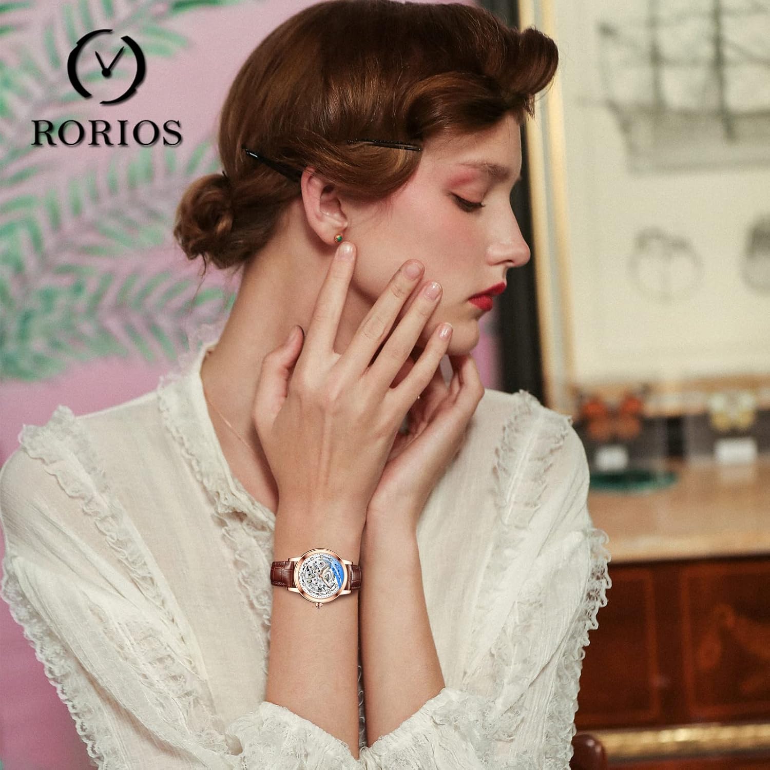 RORIOS 腕時計 レディース 人気 自動巻き 機械式 ウォッチ 手巻き付き おしゃれ 夜光 防水 アナログ腕時計 多機能 人工ダイヤモンド キラキラ 通学 通勤 本革バ : RORIOS watch 腕時計 人気 時計 レディース おしゃれ 革 機械式 自動巻き 夜光 クローバー スケルトン  ホロー ビジネスウォッチ スケルトンブラックB : ファッション