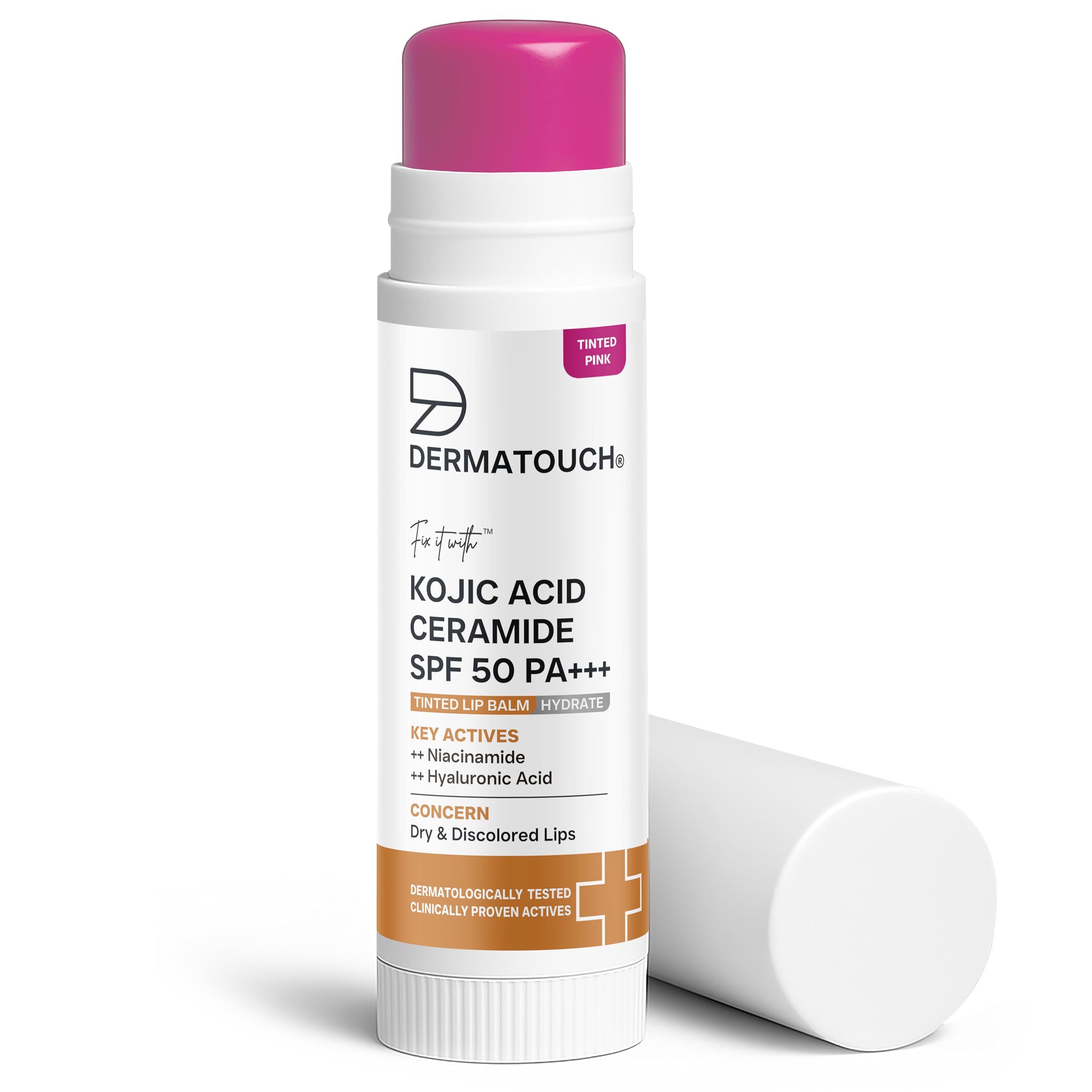 DERMATOUCH Kojic Acid Ceramide SPF 50 PA+++ Tinted Pink Lip Balm - 5g | Moisturizing • Sun Protection • Nourishing | Reduces Pigmentation & Heals Dry Lips