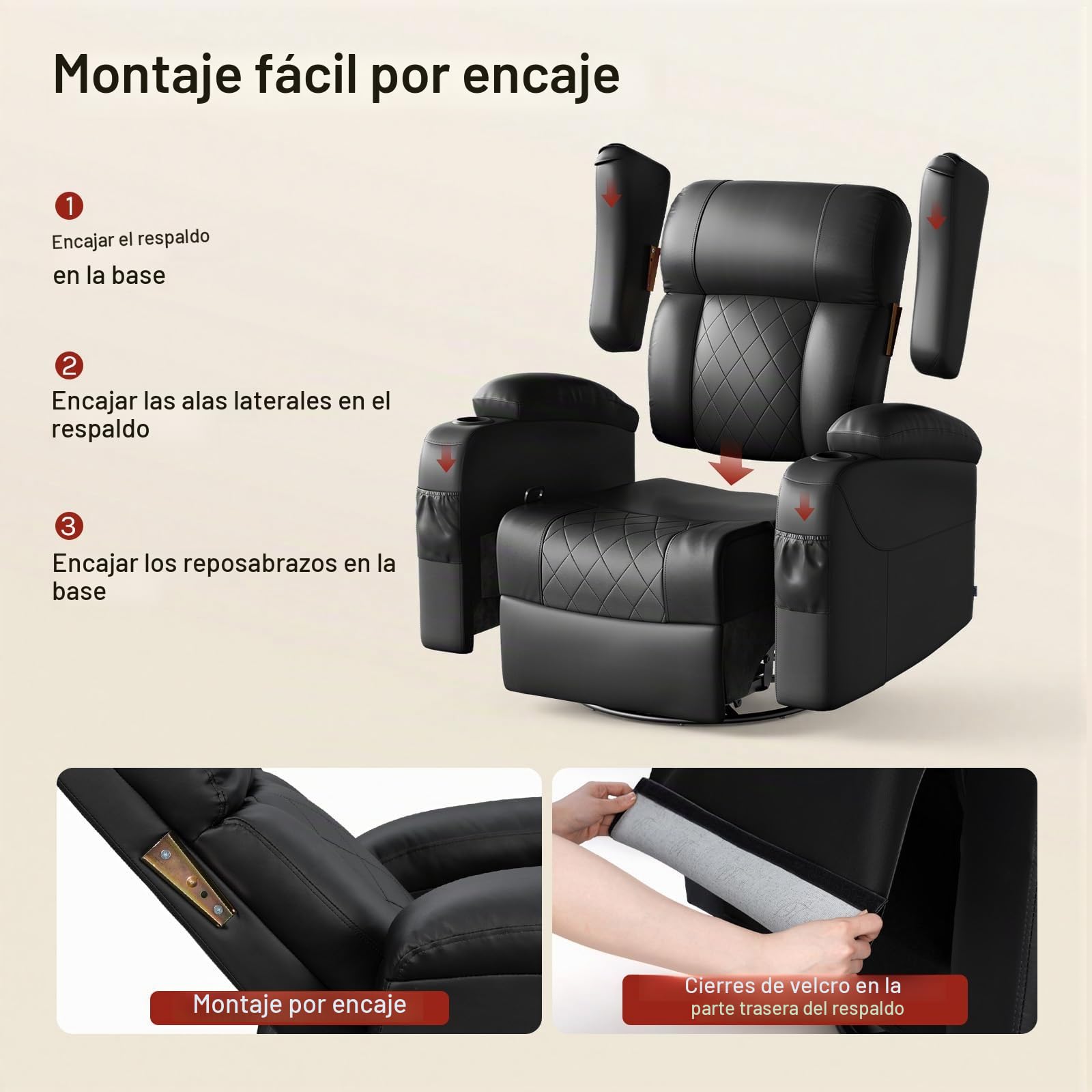 WOLTU Sillón Relax Reclinable, Giratorio 360°, PU, Negro | Sofa Individual Función Balanceo y Respaldo Ajustable, con Reposapiés, Bolsas Laterales y Portavasos, Carga 150 kg