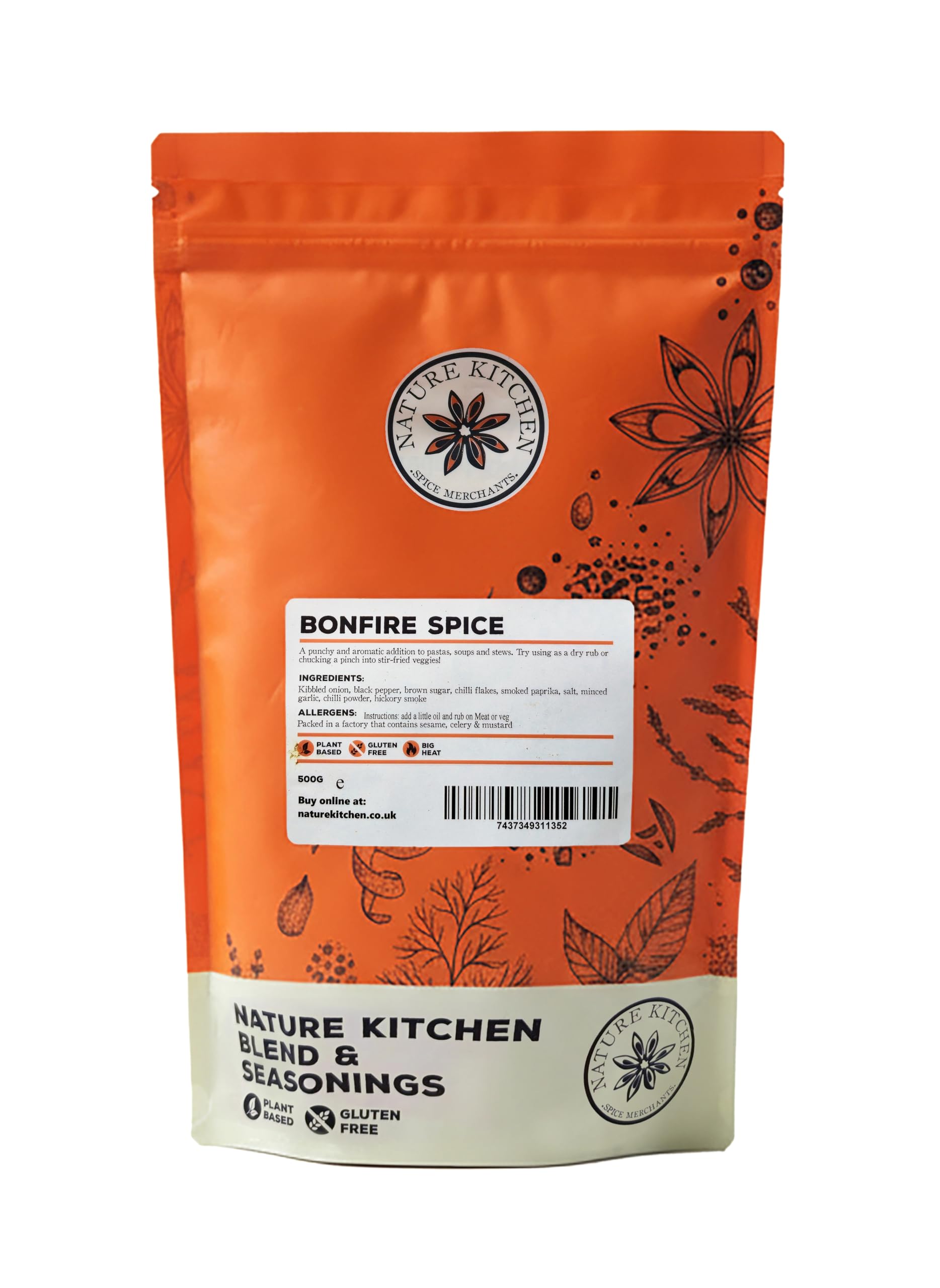 Nature Kitchen Bonfire Spice 500g Extra Hot Smoky Seasoning, Premium BBQ Rub Blend, Gluten Free Vegan Spice for Grilling Marinades Roasts Barbecue Cooking