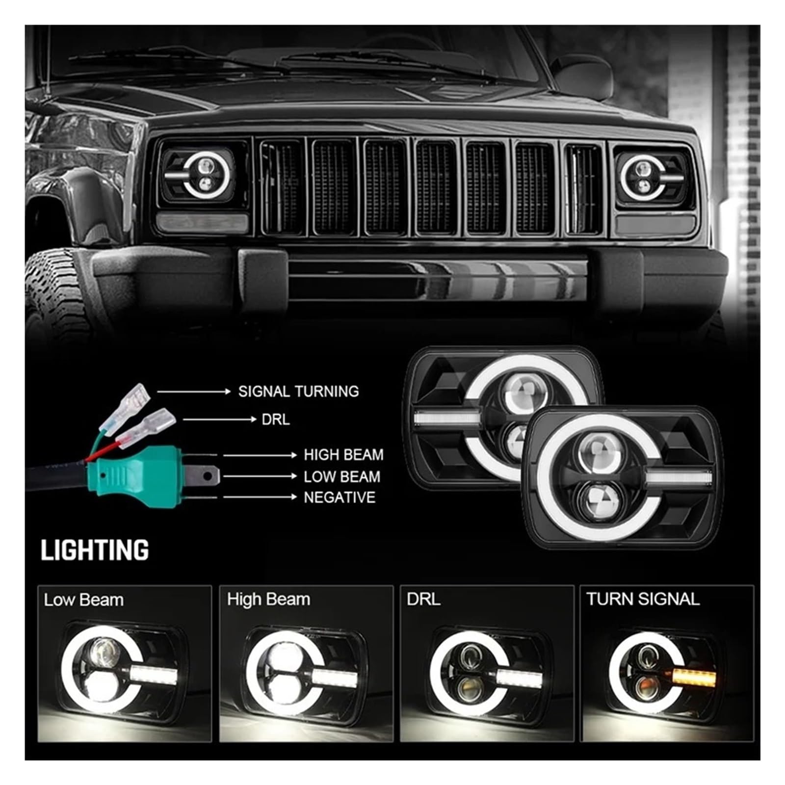 Feux Antibrouillard Pour Nissan Pour 240SX Pour S13 Pour Patrol Pour Y60 1980-1994 2 Pièces 7X6 5X7 Phares À LED Voiture H4 Ensemble De Phares Carrés Phare Avant Gauche(2pcs W