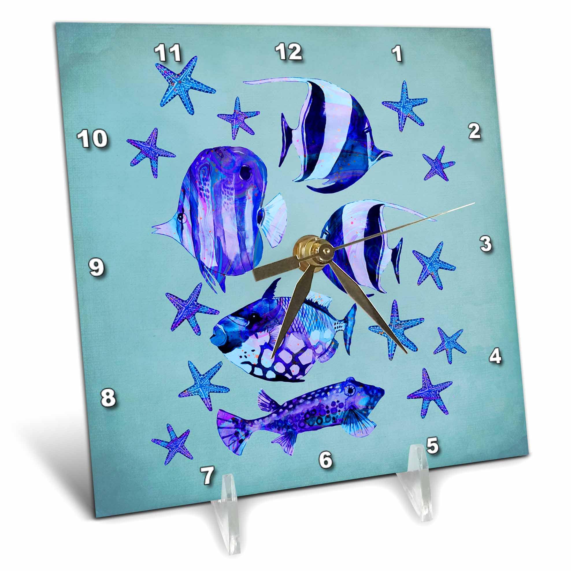 3dRose Desk Clock - Shoal of Blue and Turquoise Frisch and Starfish (dc_282479_1)