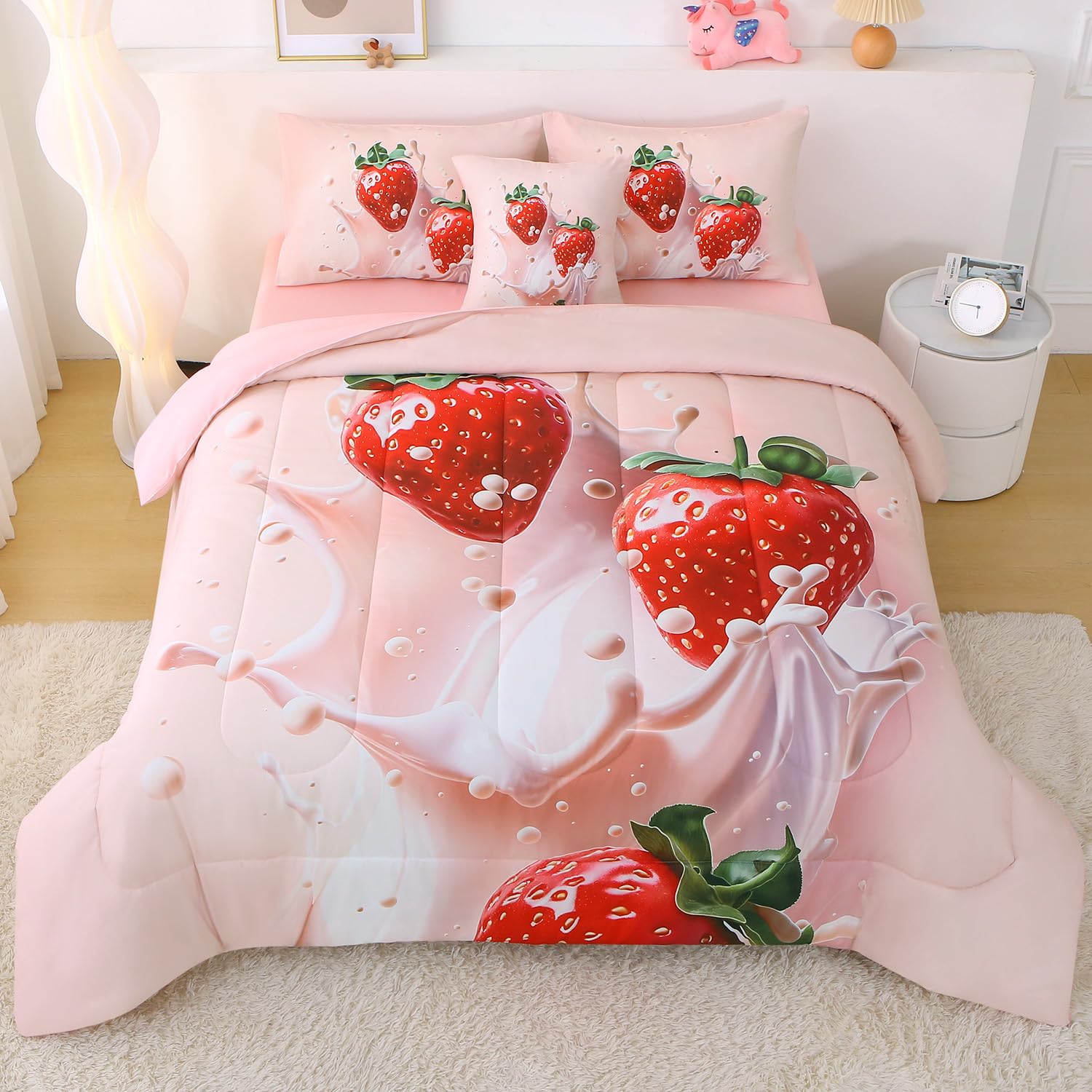 JQinHome Twin Cream Strawberry Themed Comforter Sets for Girls, 6 Piece Bed in A Bag - All Season Soft Microfiber Strawberry Bedding Set, with Sheet Sets