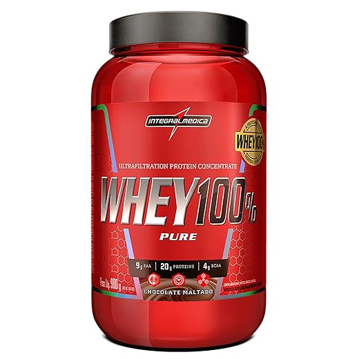 Integralmédica - Whey Protein Concentrado Chocolate Maltado 100% Pure - 21g de Proteína por Scoop, Suplementação Alimentar Pós-Treino, Fórmula Enriquecida com BCAAs - Pote 900g