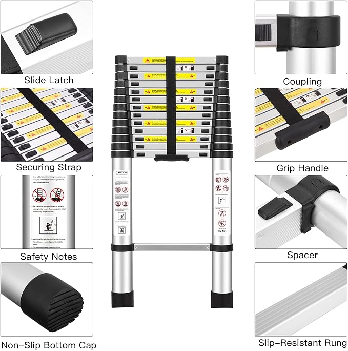 (10.5Ft/3.2M) Telescoping Ladders，EN131Standards Multi-Purpose Folding Aluminum Extension Ladder