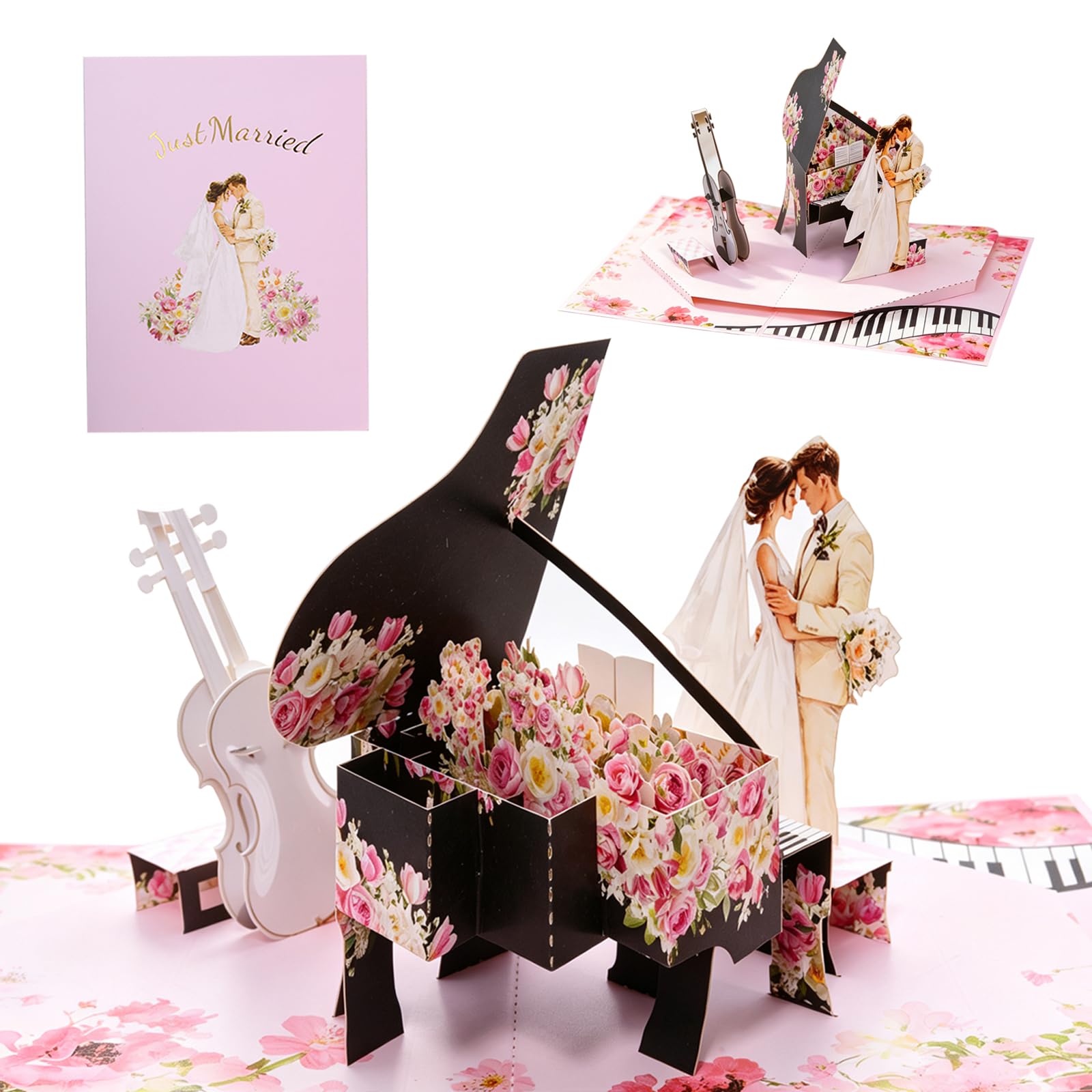 KUKUTrue® Pop Up Wedding-Piano Card, 3D Wedding Card for Bride and Groom, Wedding Anniversary Cards with Envelope, Money Gift & Honeymoon Gift, Beautiful Wedding Congratulations — image 1