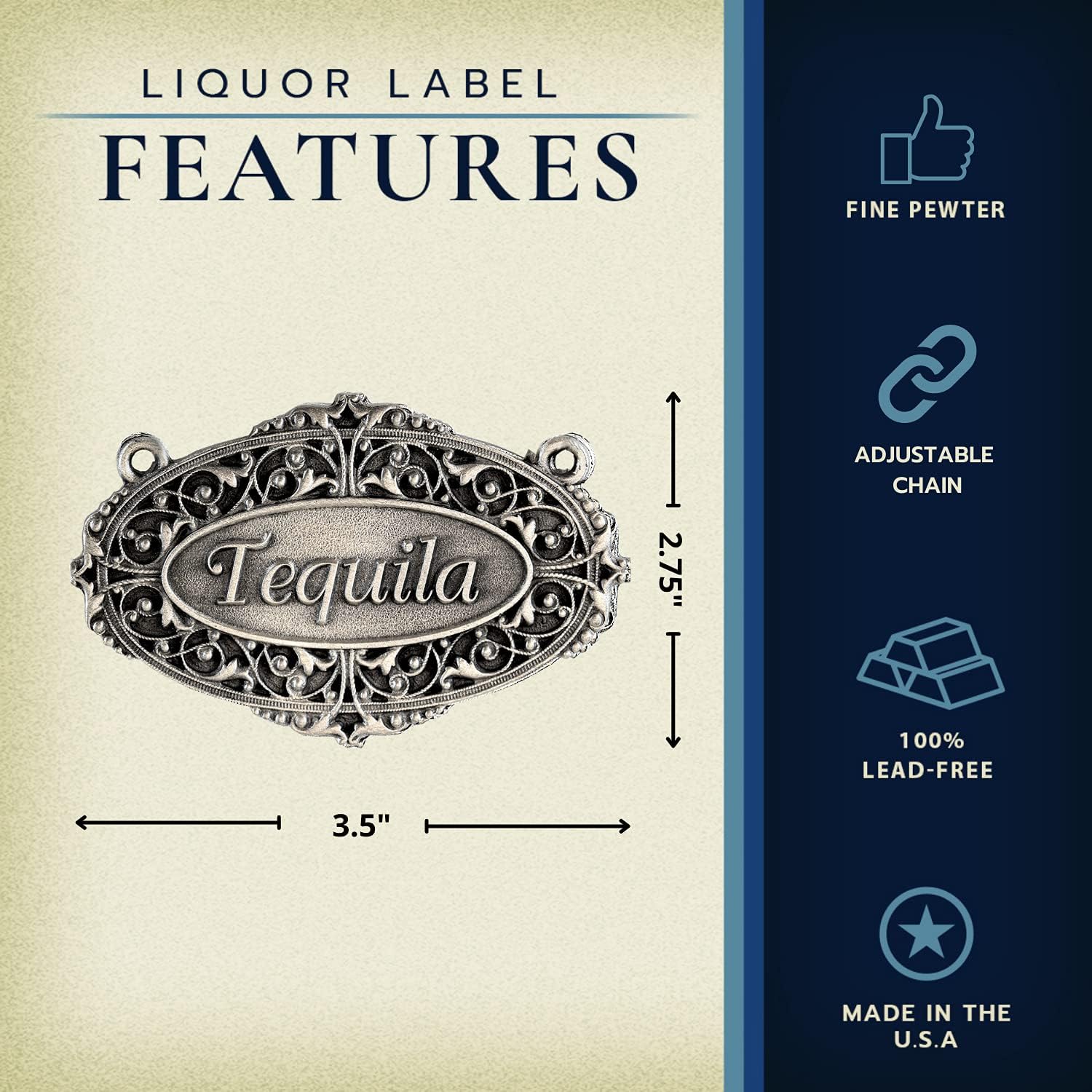 Heritage Pewter Tequila Liquor Decanter Label – Tequila Liquor Tag with Adjustable Chain | Perfect for Housewarming Gift, Parties, Holidays, & Anniversaries | Expertly Crafted Fine Pewter