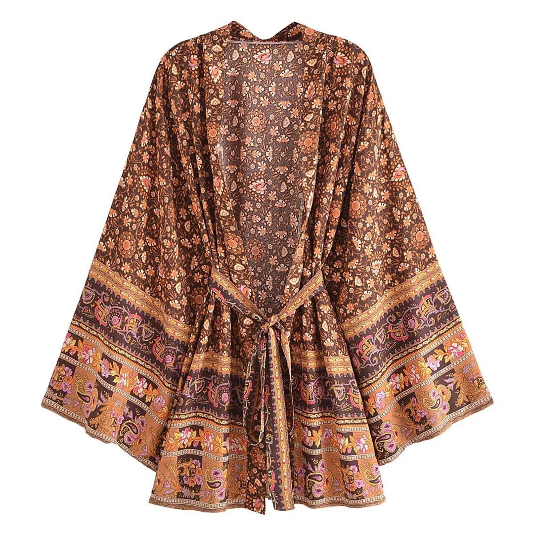 Dninmim Bata estilo kimono de algodón con estampado floral vintage para mujer, de manga larga, para verano, para la playa, estilo bohemio, Como se muestra en la imagen., M