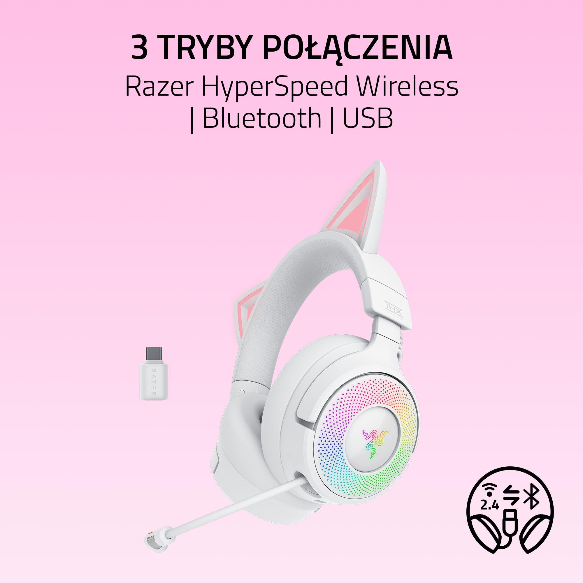 Razer Kraken Kitty V3 Pro – bezprzewodowy zestaw słuchawkowy RGB Kitty do gier – reaktywne uszy kota do streamowania – Triforce 40 mm Przetwornik – Hyperspeed Wireless i Bluetooth | Biały