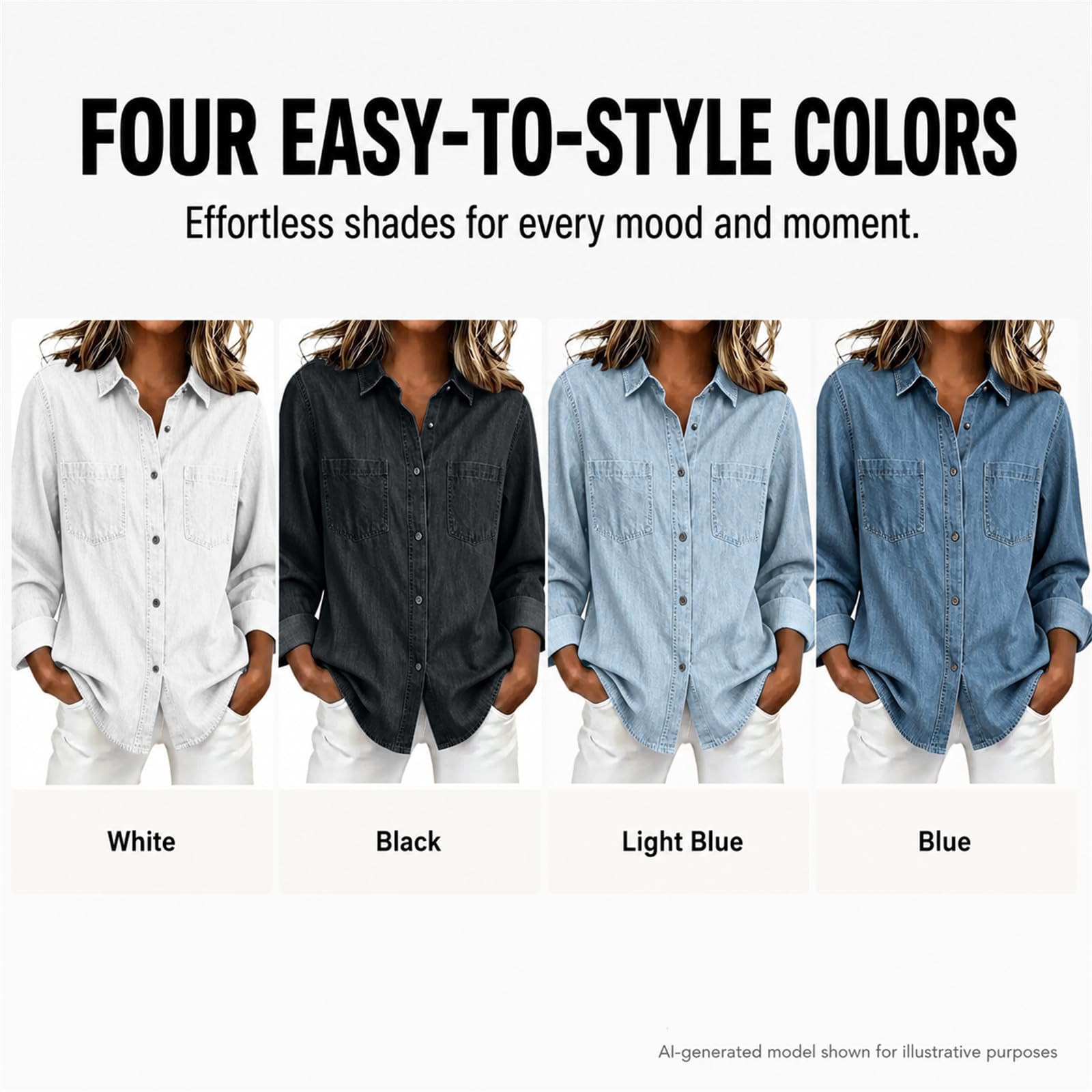 Camicia in jeans da donna, oversize, a maniche lunghe, con bottoni, con due tasche sul petto | Morbido denim con vestibilità oversize, abbottonatura continua e due tasche sul petto per una comoda stratificazione