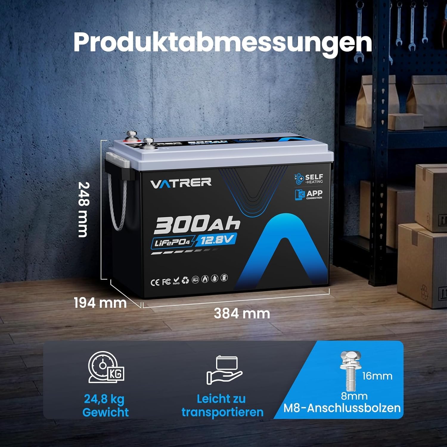 VATRER POWER 12.8V 300Ah LiFePO4 Batterie mit Selbstheizung | Bluetooth APP·200A Smart BMS·3840Wh nutzbare Energie·5000+ Zyklen·Für Wohnmobil, Caravan, Off-Grid-Solaranlagen & Camping