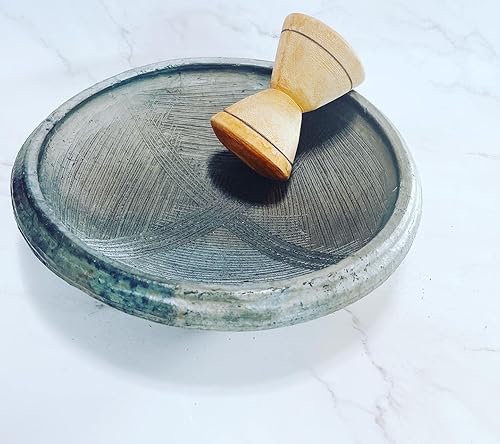 KavGH - Olla de barro con molinillo de madera, Asanka/Apotoyewa, olla de barro africano, tamaño grande, gris, marrón, molienda de especias y