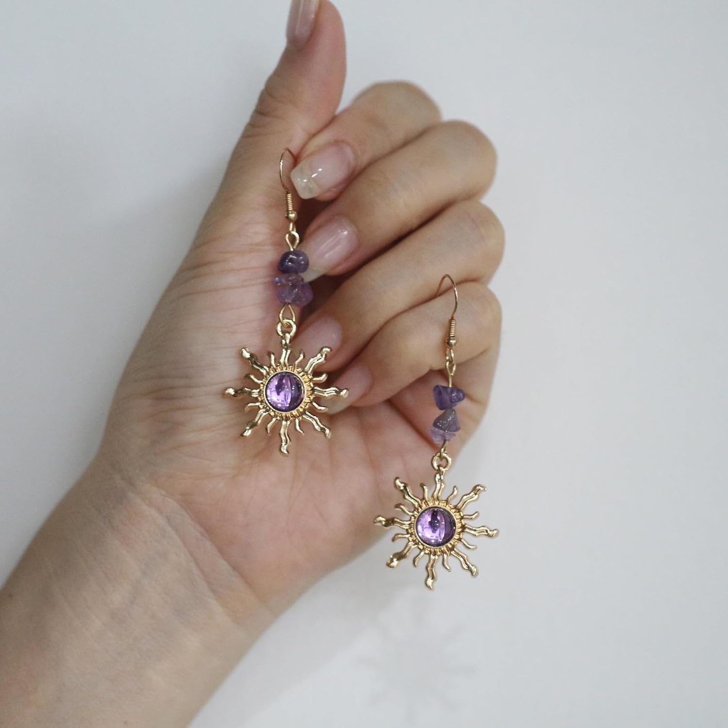 Handmade Boho Amethyst Crystal Celestial Sun Dangling Drop Earrings for Women - Image 4