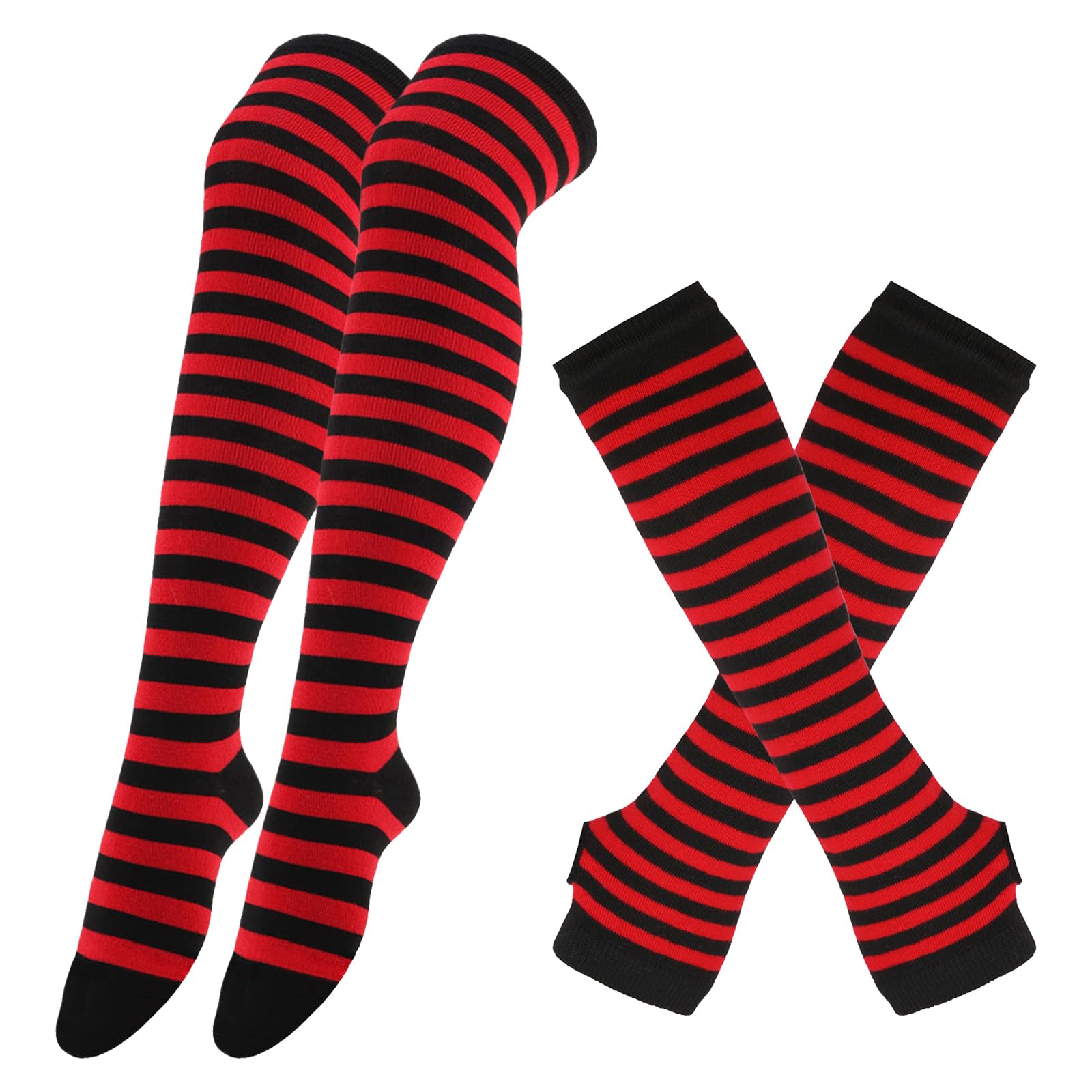 LUVDECO Knee Socks Striped Christmas Arm Warmer Women Fingerless Gloves Long Striped Thigh Highs Black Red White Green for Girls Boys Gift Winter (C)