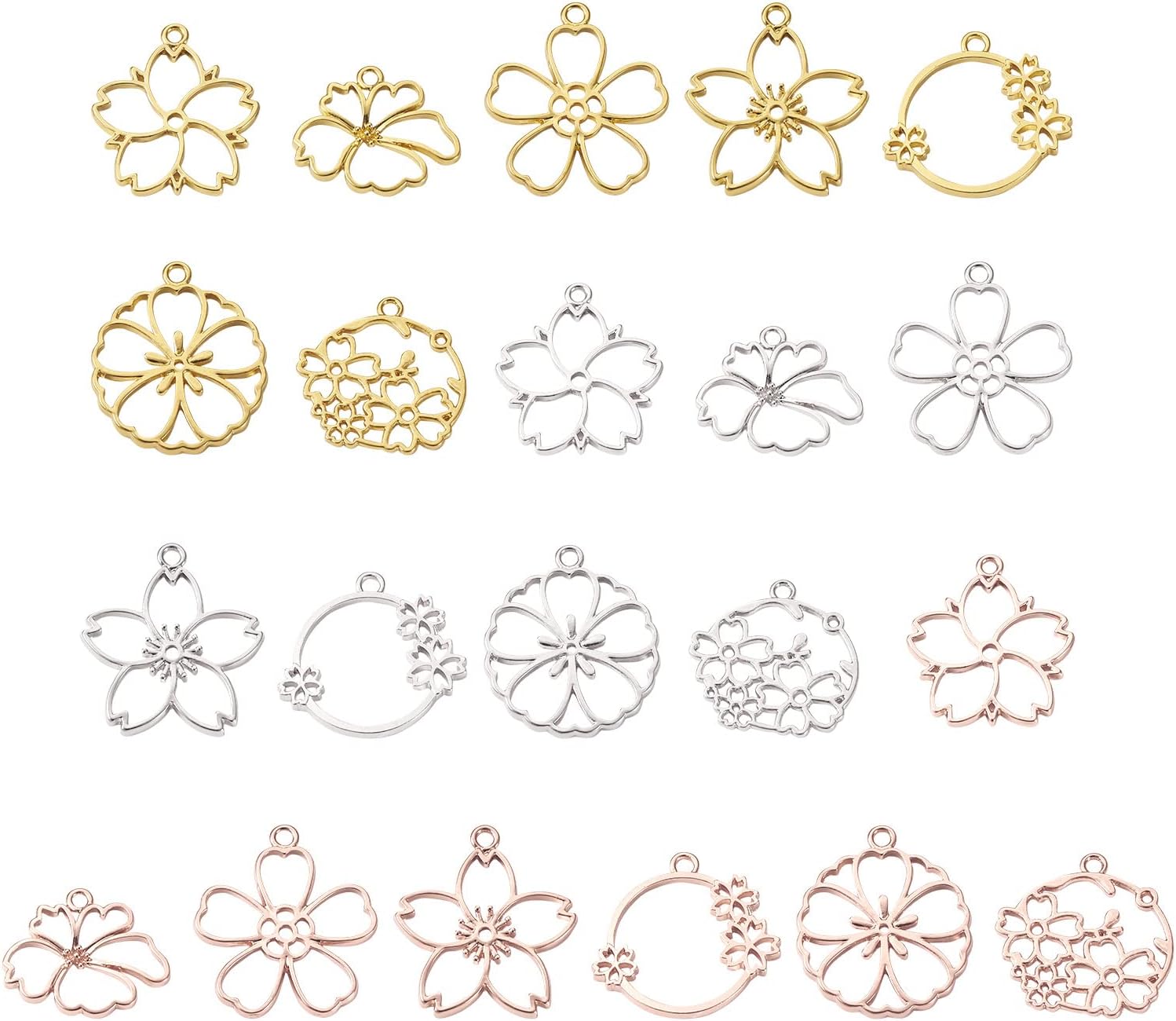Cheriswelry Assorted Gold Alloy Open Back Bezel Pendants Flower Leaf Heart Metal Dangle Charms Hollow Frame Mold Pressed Flower Pendants for DIY Craft Necklace Jewelry Making